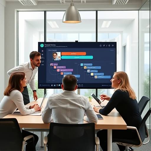Team collaborating around a table with project timeline displayed on a screen, representing a project management course.